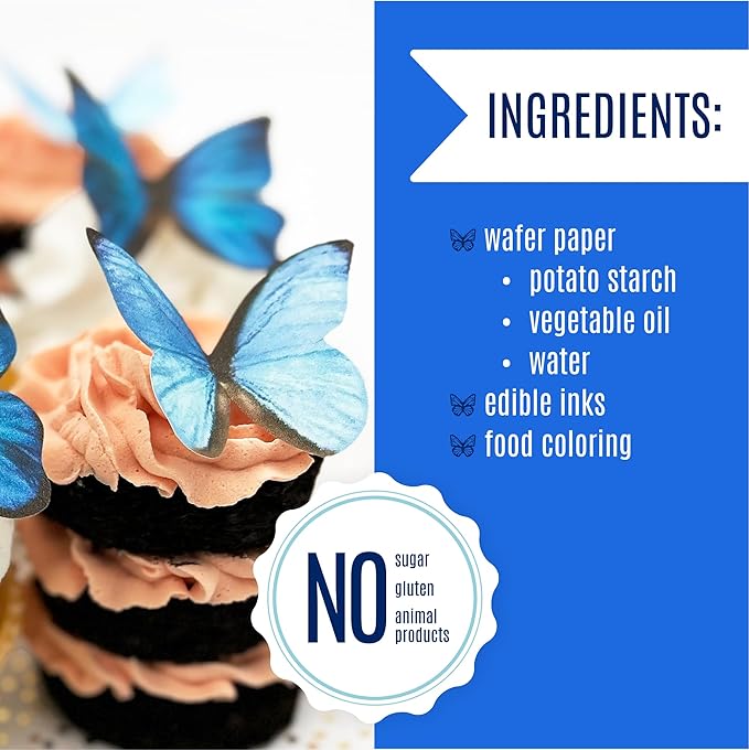 Sugar Robot Edible Butterflies for Cake Decorating- Large Size Butterfly Decorations - Cake Toppers and Cupcake Toppers - Made in the USA - Premium Crafted (Blue)