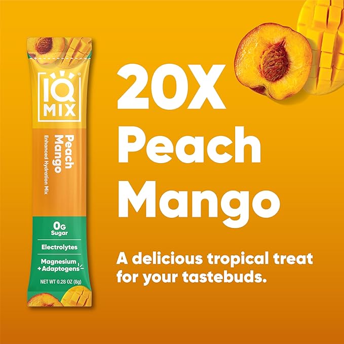 IQMIX Hydration Electrolyte Powder ??4-in-1 Formula for Hydration, Mental Clarity, Mood and Recovery ??Sugar-Free Drink Mix, Keto, Magnesium L-Threonate, Lion?™s Mane ??20 Count Peach Mango