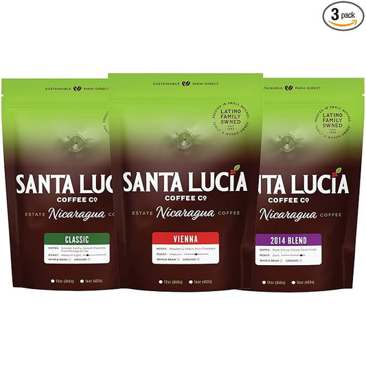 Specialty Volcanic Nicaraguan - The Santa Lucia Experience, Coffee Variety Pack - Light, Medium & Dark Roasts - Low Acid, 91 Point, SHG, Small Batch Roasted, 100% Single-Origin, Whole Bean, 3-16oz