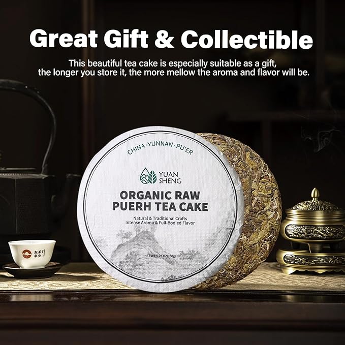YUANSHENG Organic Raw Puerh Tea Cake, Aged Fermented Organic Pu-erh tea, Natural Yunnan Ancient Tree Pu erh Tea whit Sweet and Smooth Flavor, No Fishy, 5.29 Oz