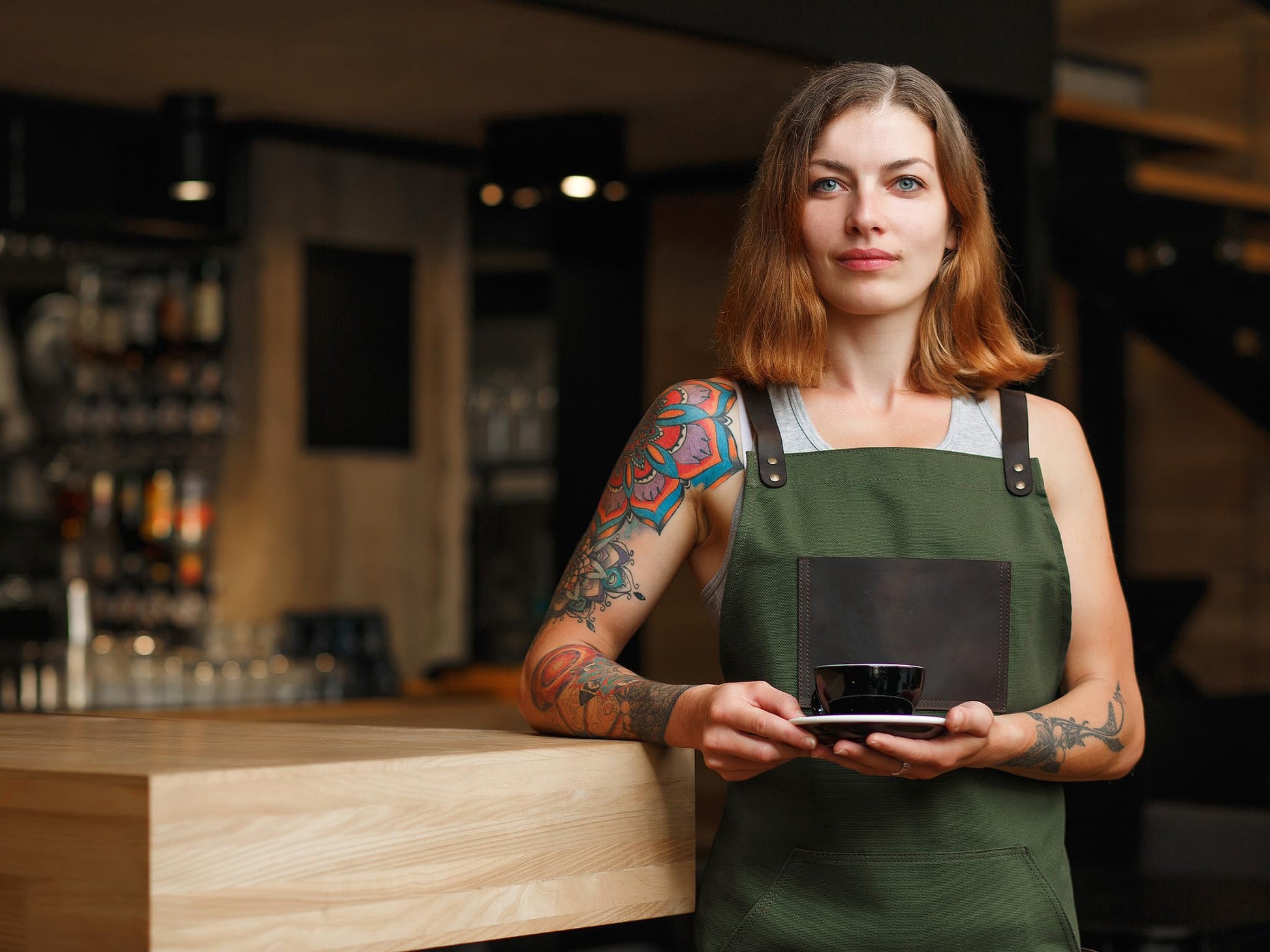 Black Apron in Canvas and Leather for Chef Work Bartender Barista Barber Shop Grill Master olpr.