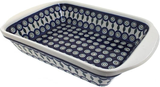 Blue Rose Polish Pottery - Blue Peacock Large Rectangular Baker with Handles - 9" x 6.5" - Unique, Dishwasher Safe, & Durable Bakeware