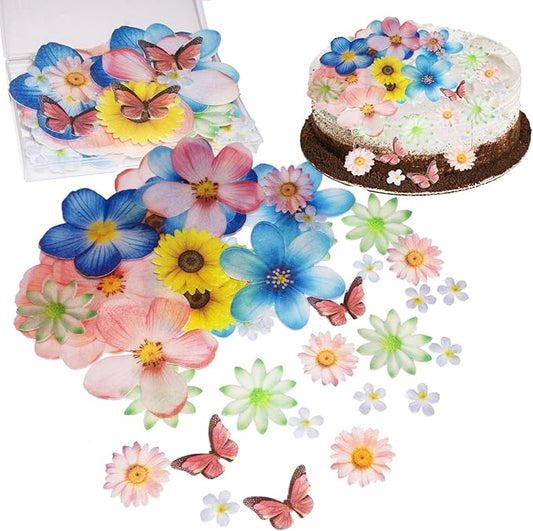 55pcs Edible Flower Butterflies Cake Toppers Cupcake Toppers Wafer Paper Cake Decorations for Themed Party Wedding Bridal Shower Birthday Decorations