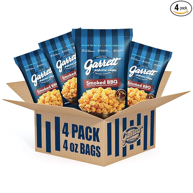 Garrett Popcorn Smoked BBQ, 4.0oz, 4 Bags, BBQ Popcorn, Gluten Free, Savory Snack, Popped Pop Corn Bags