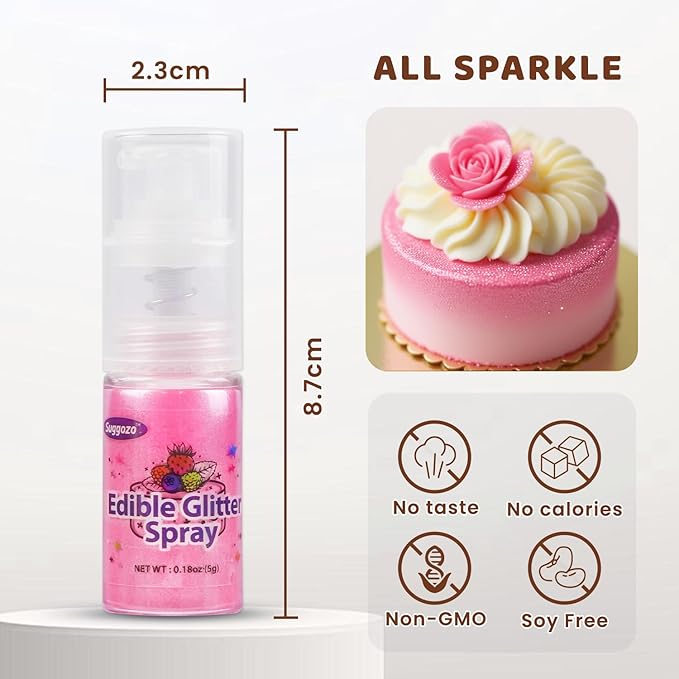 Shimmer Pink Edible Glitter Spray, 5g Food Grade, Edible Glitter for Drinks, Cocktails, Luster Dust for Cake Decorating, Cupcake, Baking, Chocolate, Strawberry