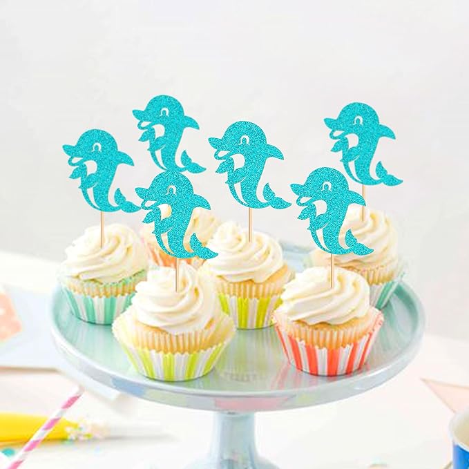 24 PCS Dolphin Cupcake Topper Ocean Themed Party Dolphin Cupcake Decorations Baby Shower Birthday Party Decorations