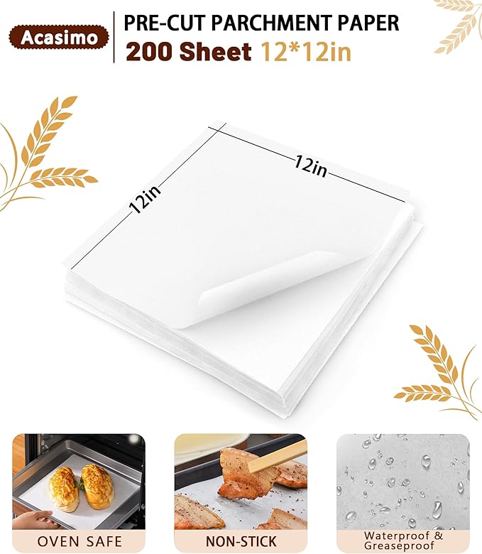 200PCS Parchment Paper Sheets, 12x12in, Squares Baking Paper for Baking, Air Fryer, Steaming, Grilling, Roasting, Wrapping, Precut Non-Stick Square Pan Liners, Oven Paper for Bread (White, 12x12 in)