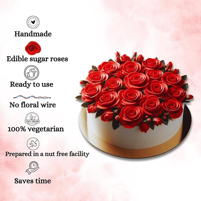 Confect Edible Red Flower | Edible Flower for cake decorations | Edible Flower Cupcake Toppers | | Cupcakes & Doughnut Edible Toppers | Red Sugar Flower- Vegan, Gluten-Free, Nut-Free, Dairy-Free, Palm Oil-Free -Pack of 12