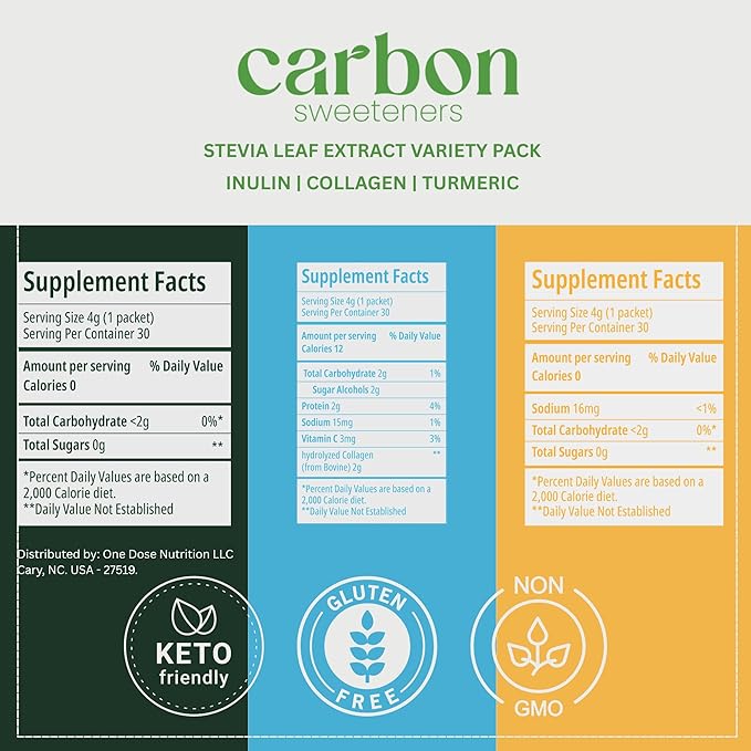 Carbon Sweeteners Variety Pack ??Stevia Sweetener Packets with Collagen, Turmeric, and Inulin ??Supports Joint, Skin, Immunity & Gut Health ??30 Single Serve Sachets (3 Functional Flavors, 10 Each)