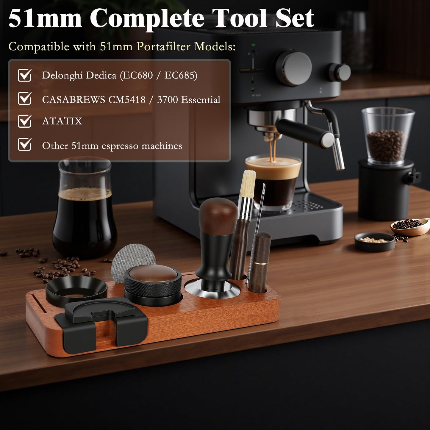 YUNGOO 8 PCS Espresso Accessories Kit, 51mm Espresso Tamper Kit Coffee Tamper Set with Coffee