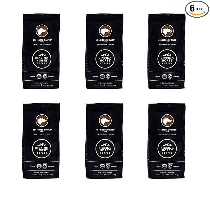 Kicking Horse Coffee, 454 Horse Power, Dark Roast, Whole Bean, 10 oz - Certified Organic, Fairtrade, Kosher Coffee 10 Ounce (Pack of 6)