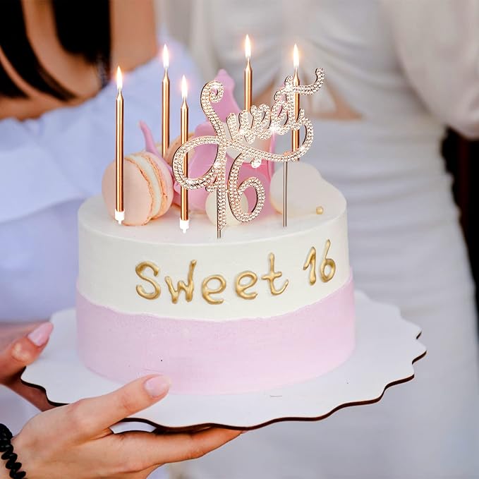 Tondiamo Sweet 16 Birthday Decorations Rhinestone Sweet 16 Cake Toppers 20 Pcs Metallic Happy Birthday Candles 16 Cake Decorations for Cupcake Decor(Rose Gold)