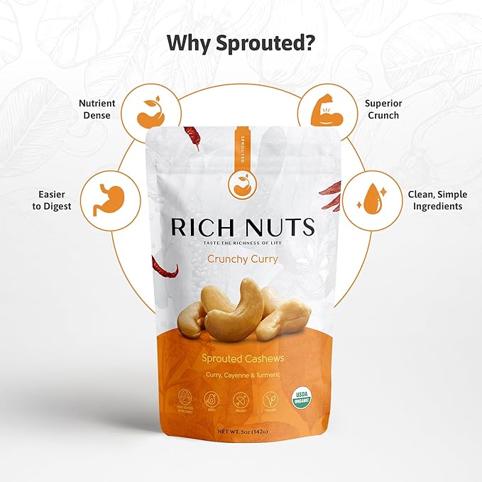 Rich Nuts Crunchy Curry Gourmet Sprouted Cashews | Vegan, Paleo, Keto | Curry Powder, Cayenne Pepper, Turmeric and Sea Salt | Non-Roasted, Dehyrdated, Germinated, Raw and Whole | 5 Oz Bag (2 Pack)
