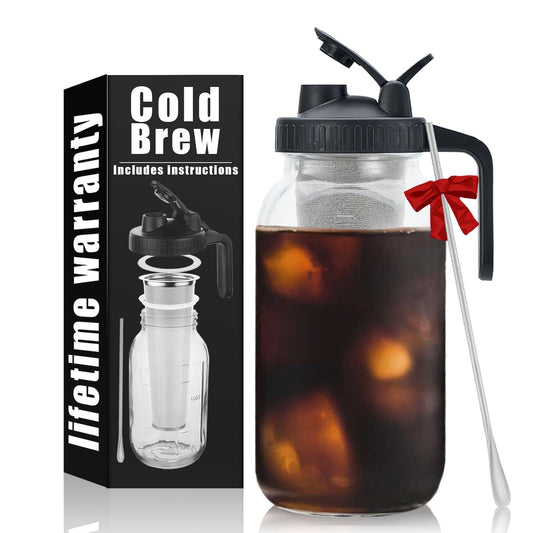 Cold Brew Mason Coffee Maker - 64oz Iced Coffee Pitcher with Stainless Steel Mixing Spoon & Super