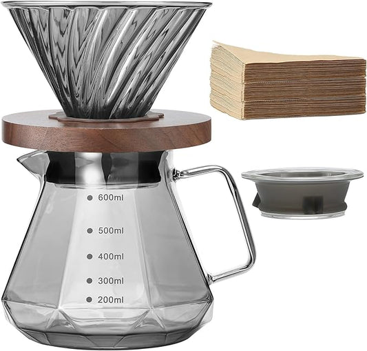 Pour Over Coffee Maker, 20 oz Borosilicate Glass Carafe with 100 pcs V60 Paper Filter, Walnut Handle & Glass Lid, Drip Coffee Maker for Home Caf챕 Restaurant Camping, 600 ml, Gray