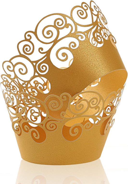 Cupcake Wrappers, KPOSIYA 100 Pack Cupcake Wraps Filigree Artistic Bake Cake Paper Cup Little Vine Laser Cut Liner Baking Cups Muffin Case Trays for Wedding Party Birthday Decoration (100, Gold)