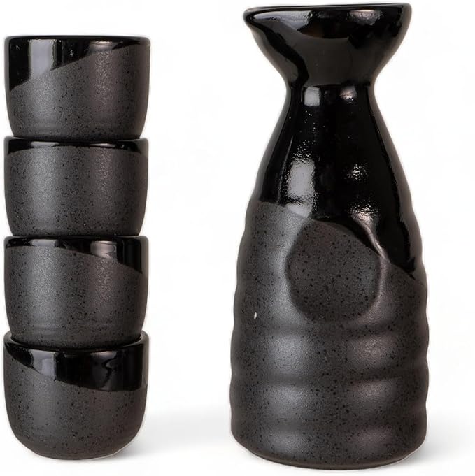 Urban Tokyo Japanese Sake 5 Piece Set Include 1 Sake Bottle and 4 Cups for Hot or Cold Sake Home or Restaurant Use Reactive Glazed Ceramic (Black Matte Gloss)