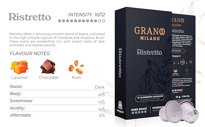 Grano Milano Ristretto Coffee Capsules - 50 Aluminum Coffee Pods Compatible with Nespresso Original line, Dark Roast - Intensity 10/12, Made in Italy