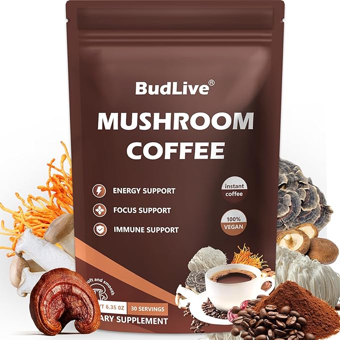 Mushroom Coffee - Instant Coffee Powder with Organic Lion?™s Mane, Reishi, Cordyceps, Turkey Tail, King Trumpet & Shiitake, Adaptogenic 6 Mushrooms for Energy, Digestion & Immune Support, 30 Servings