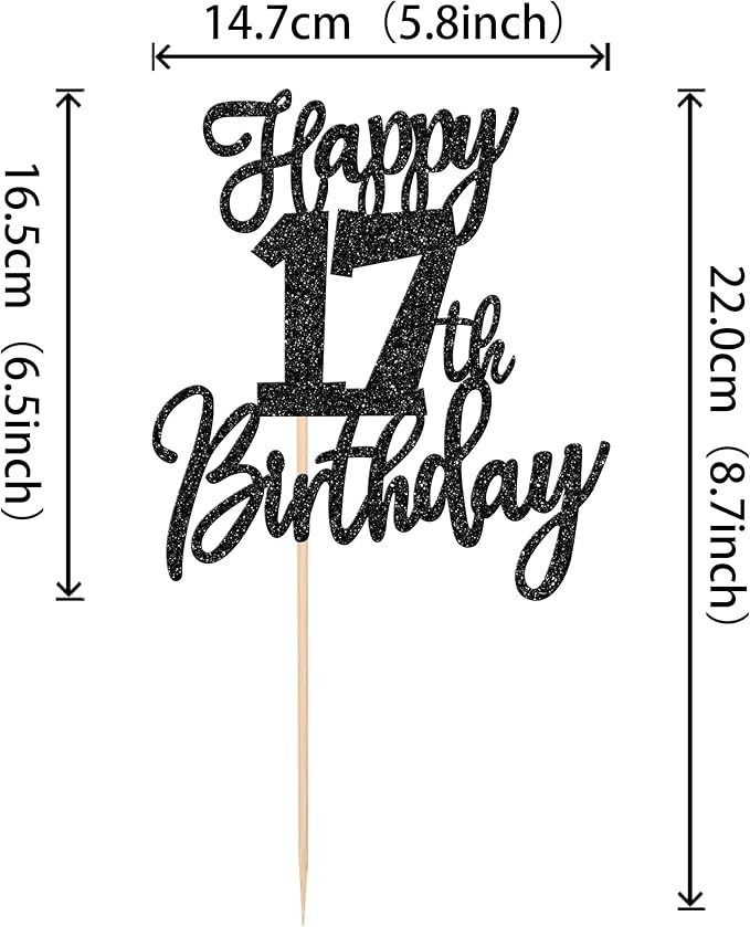 1 PCS Happy 17th Birthday Cake Topper Glitter Cheers to 17 Years Birthday Cake Pick Seventeen Hello 17 Cake Decoration for Happy 17th Birthday Anniversary Theme Party Decorations Supplies Black