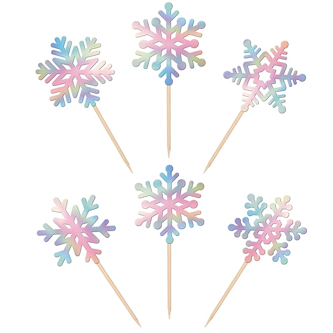 24 PCS Snowflake Cupcake Toppers Glitter Frozen Snowflake Cupcake Picks Winter Wonderland Cake Decorations for Baby Shower Kids Birthday Christmas Party Supplies Silver Colorful