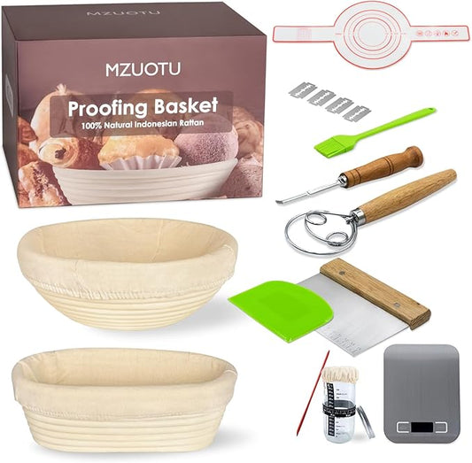 Sourdough Proofing Basket Set: Banneton Bread Basket with 15 PCS Baking Supplies - Sourdough Starter Kit with Jar & Scale for Handmade Baker's (Round+Oval Set)