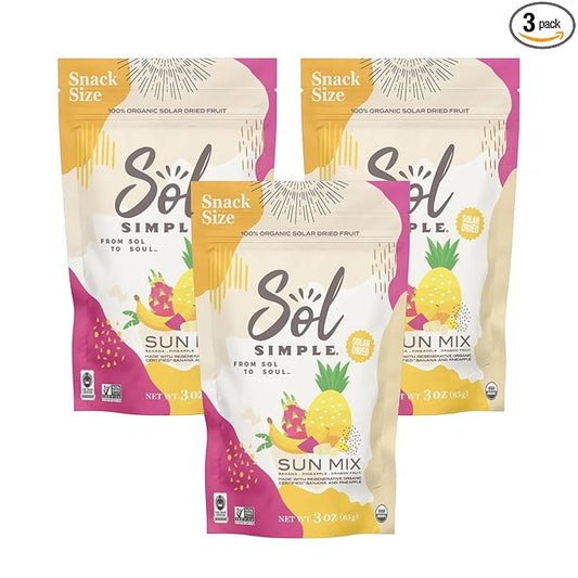 SOL SIMPLE Organic Dried SUN MIX | 3oz Snack Pack (3 Bags Total) | Three Ingredients | Vegan | Non-GMO | No Added Sugar | Fair Trade | Dried Fruit No Sugar Added