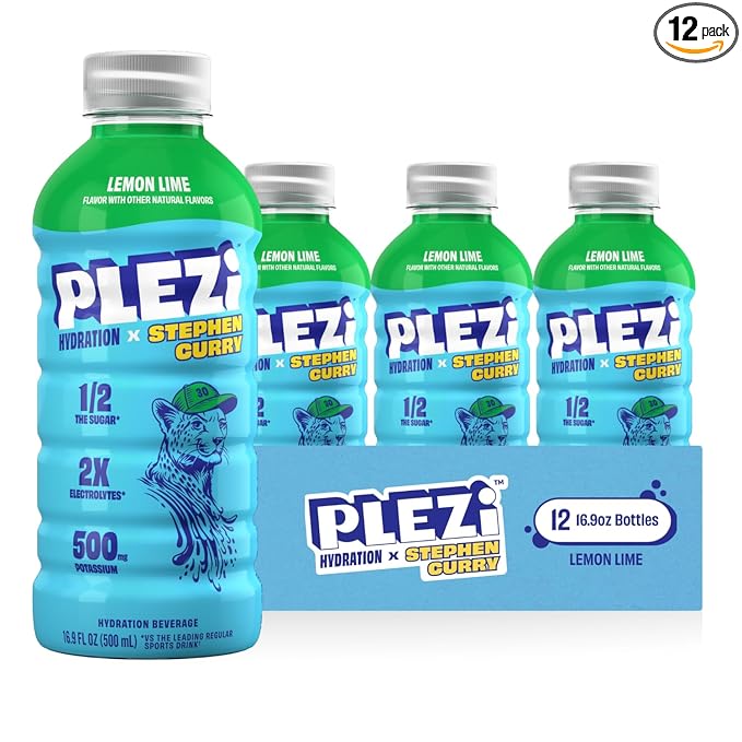 PLEZi Lemon Lime Hydration Drink x Stephen Curry - Sports Drinks with 2X Electrolytes - 500mg Potassium, Low Sugar, No Added Sugar - For Kids & Adults - 16.9 Fl Oz (12 Pack)