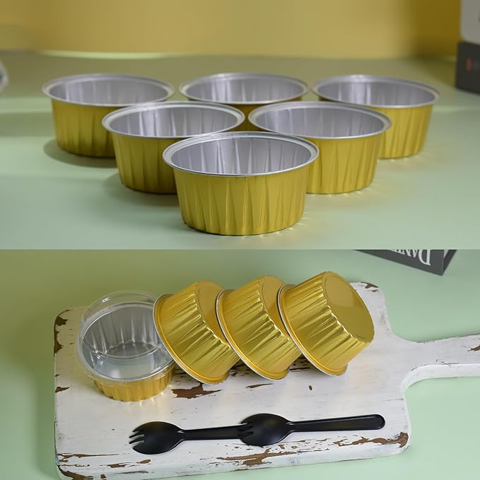 60 Pcs Mini Cake Pans with Lids,5oz Aluminum Foil Baking Cups Round Mini Disposable Ramekins 125ml Muffin Tin Ramekins Brownie Baking Cups, Dessert Cupcake Cups for Wedding Birthday Party(Gold)