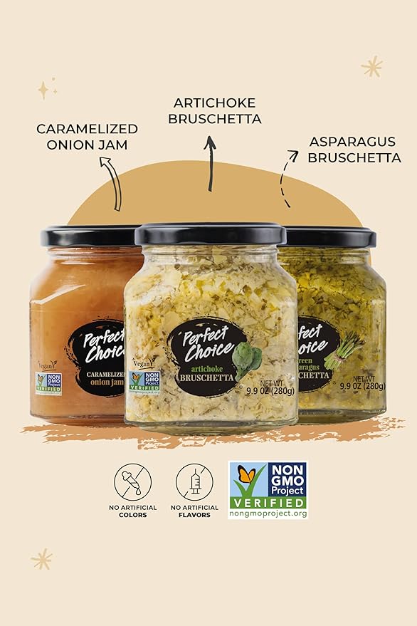Perfect Choice Variety Pack with Delicious Artichoke Bruschetta, Green Asparagus Bruschetta & Caramelized Onion - Ready-to-eat Spread Ideal for Burgers, Sandwiches, Meats And More - Pack of 3