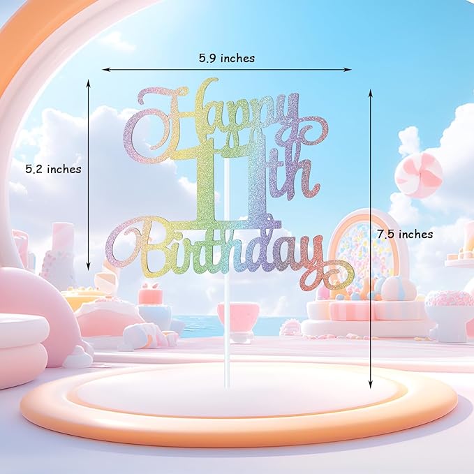11th Happy Birthday Cake Topper, Glitter Happy 11th Birthday Cake Topper for Birthday Party Cake Decoration(Rainbow Color)