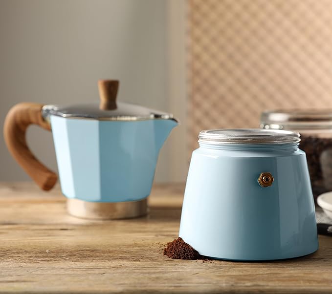 AGOGO Milano Moka Pot, Stovetop Espresso Maker, Greca, Coffee Percolator, Turkish Coffee Maker with Paper Filter 6 Cup Lake Blue