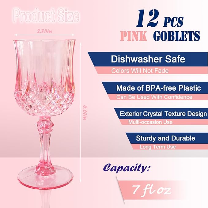 12 PCS Pink Plastic Wine Glasses,Reusable Plastic Wine Glasses,Pink Goblet Glass,Durable and Sturdy Cups Can Be Used for Various Parties Such as Weddings!