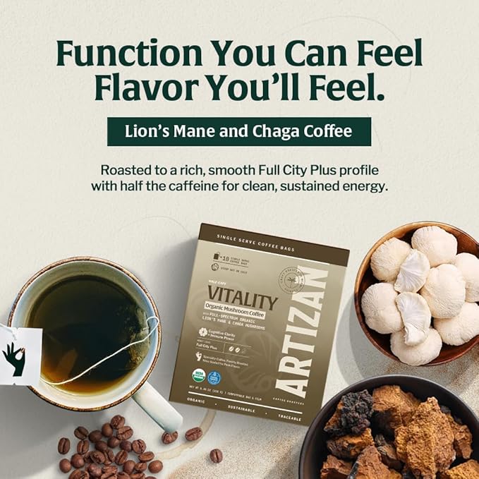 Artizan Organic Single-Serve Mushroom Coffee Bags – Lion’s Mane + Chaga | Half Caff | Full City Plus Roast | 20 Count | No Equipment Needed | Specialty-Grade Craft Roasted, Nitro-Sealed, Compostable