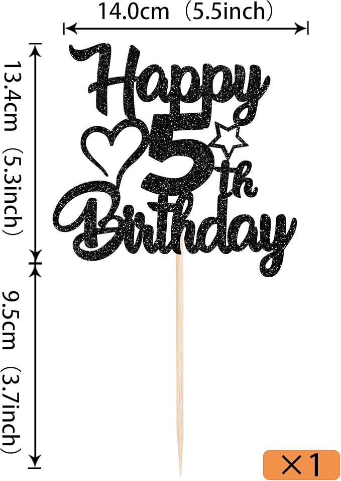 YCTHUNFISH 1 Pack Happy 5th Birthday Cake Topper Glitter Heart Star 5 Fabulous Cake Pick Birthday Sign Cake Decorations for Children 5th Birthday Theme Party Supplies Black