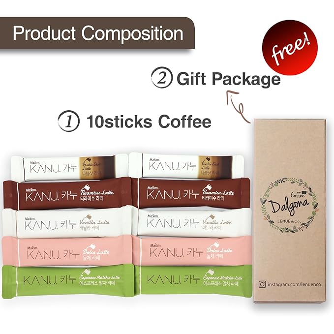 KANU Latte - Korean Maxim 3 in 1 Instant Coffee Variety Sample Packets with Gift Box Set, Camping Essentials, KANU Latte 5 Mix Combination 10 Sticks