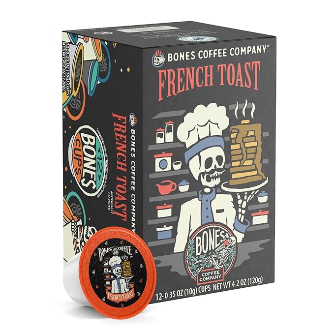 Bones Coffee Company Flavored Coffee Bones Cups French Toast | 12ct Single-Serve Coffee Pods Compatible With 1.0 & 2.0 Keurig Coffee Maker | Sweet Buttery Flavor Aroma
