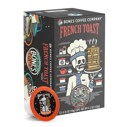 Bones Coffee Company Flavored Coffee Bones Cups French Toast | 12ct Single-Serve Coffee Pods Compatible With 1.0 & 2.0 Keurig Coffee Maker | Sweet Buttery Flavor Aroma