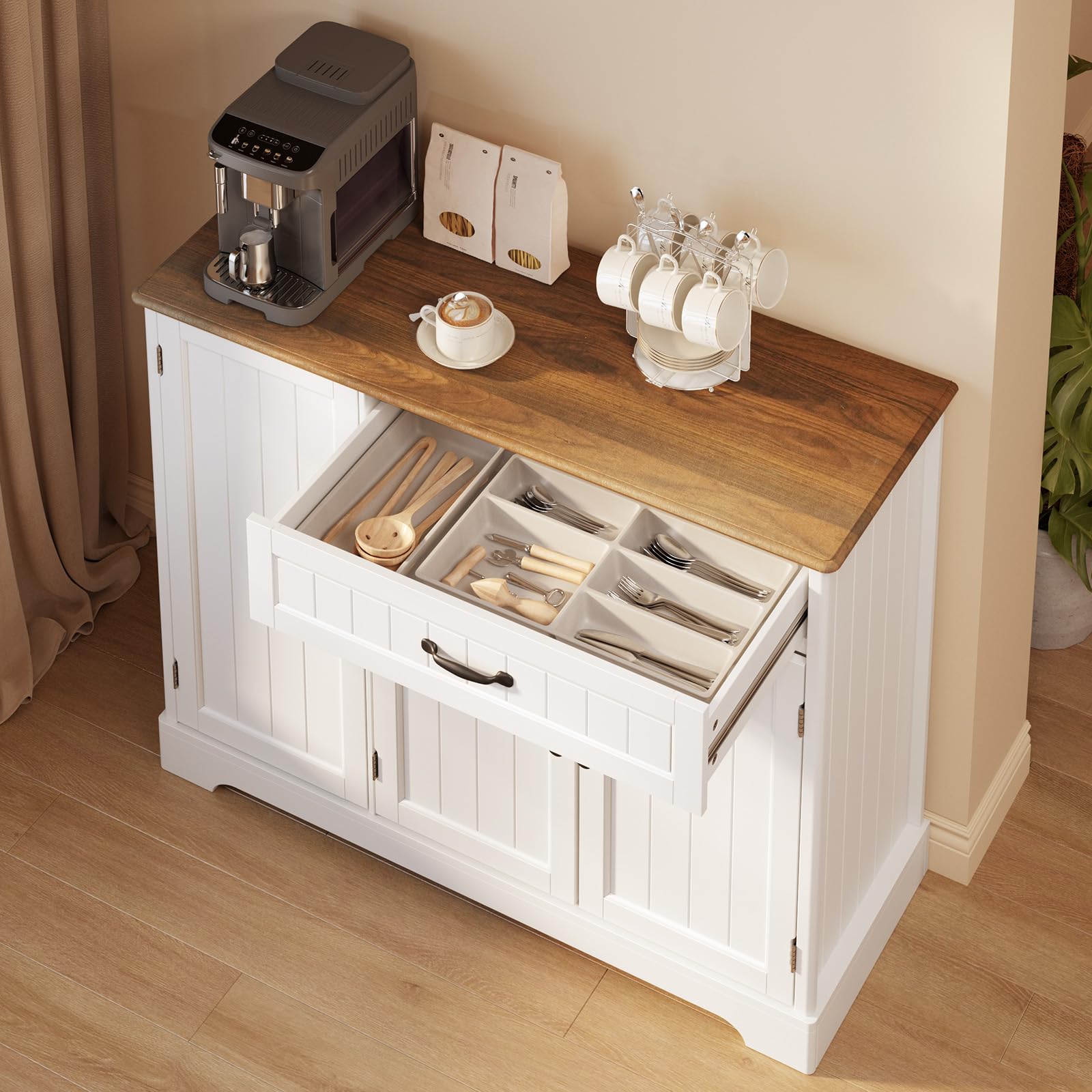 Gizoon Kitchen Coffee Bar Cabinet with Storage, White and Rustic