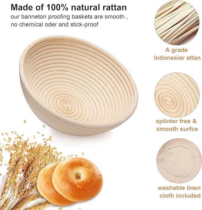Banneton Bread Proofing Basket Set, 9 Inch Round & 10 Inch Oval, Natural Rattan Material, Ideal for Sourdough Bread Baking, Includes Linen Liner and Dough Scraper, Great Gift Idea