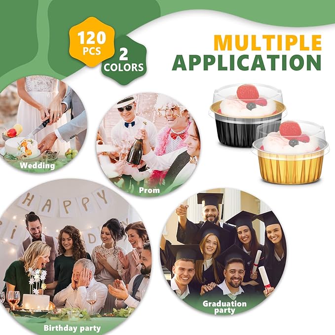 120 Pcs Aluminum Foil Baking Cups Mini Cake Pans with Lids 5 oz Cupcake Liners Disposable Muffin Tins Wrappers Baking Foil Ramekins Pans Aluminum Cupcake Cups for Birthday Party(Black, Gold)