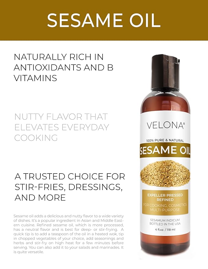 Sesame Seed Oil by Velona - 4 fl oz | 100% Pure and Natural Carrier Oil | Refined, Expeller Pressed | Cooking, Skin, Hair, Body & Face Moisturizing | Use Today - Enjoy Results