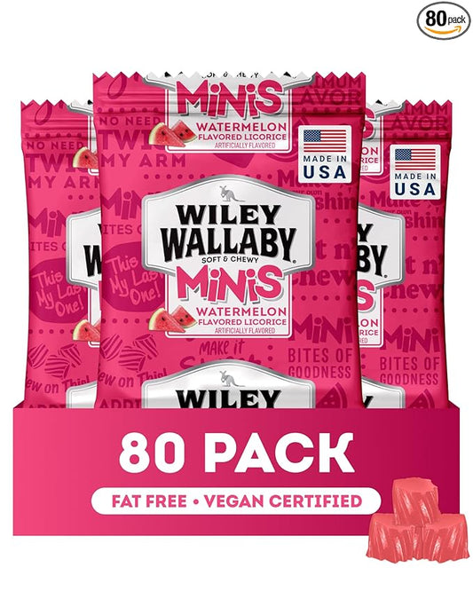 Wiley Wallaby Mini Licorice Bites 0.5 Ounce Classic Gourmet Soft & Chewy Australian Watermelon Licorice Candy Bags, 80 Pack