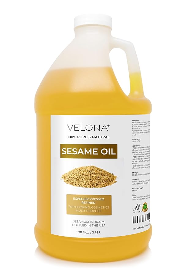 Sesame Seed Oil by Velona - 1 Gallon / 128 Fl Oz | 100% Pure and Natural Carrier Oil | Refined, Expeller Pressed | Cooking, Skin, Hair, Body & Face Moisturizing | Use Today - Enjoy Results