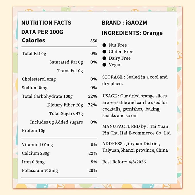 iGAOZM Dried Orange Slices,Dehydrated Oranges Slices For Cocktails,3.52oz/100g,No Sugar Added No Additives,Dried Citrus Fruit wheel For Drinks,Cakes,Citrus Garnish