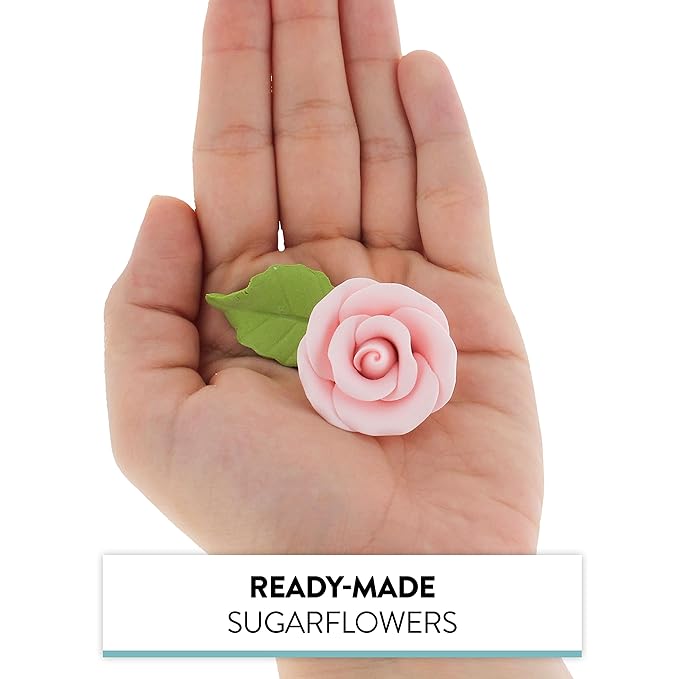 Global Sugar Art Premium Wedding & Party Edible Rose Cake & Cupcake Sugar Flowers, Pink, 24 Count with Leaves by Chef Alan Tetreault