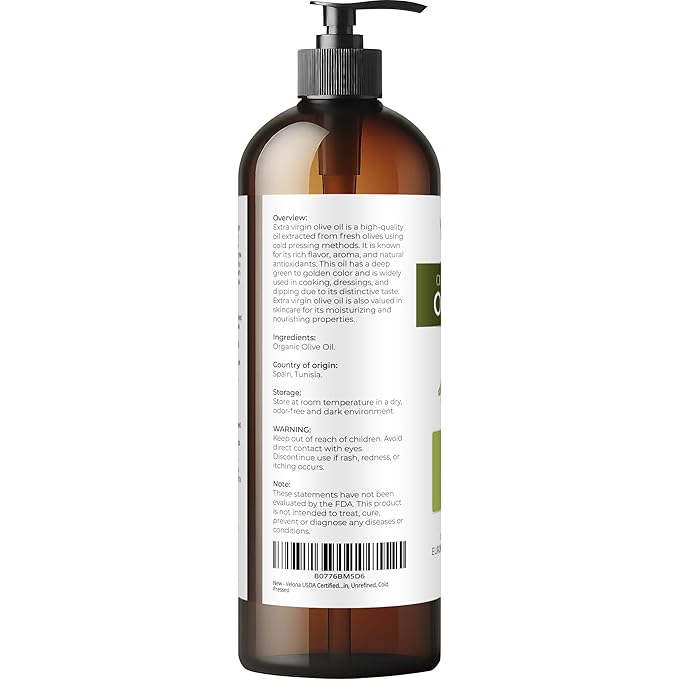 velona USDA Certified Organic Olive Oil - 16 Fl Oz | 100% Pure and Natural Carrier Oil | Extra Virgin, Unrefined, Cold Pressed | Cooking, Dressing, Face, Hair, Body & Skin Care | Use Today - Enjoy Results