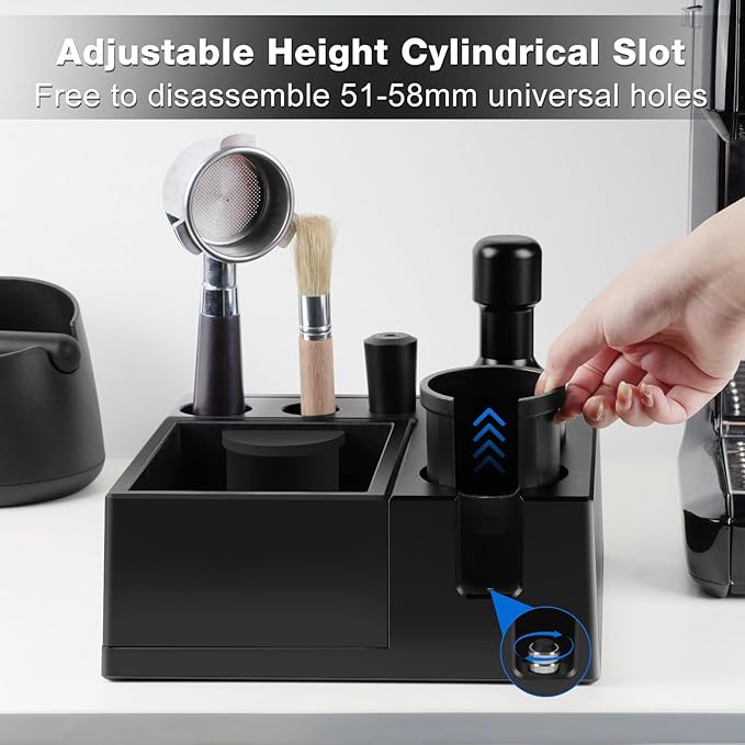 PUSEE Espresso Knock Box & Tamp Station, 9 in 1 Espresso Organizer, Fit 51,54,58MM Tamper, Distributor, Portafilter & Puck Screen Accessories, Detachable Knock Box