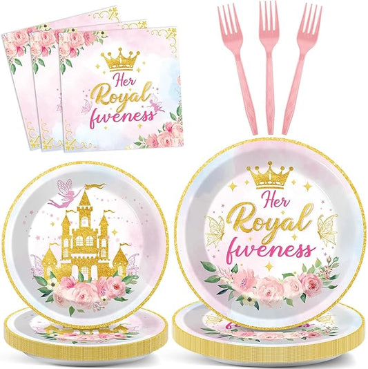 96Pcs Princess 5th Birthday Plates and Napkins Her Royal Fiveness Decorations Princess Party Dessert Plates Rainbow Castle Tableware for 24 Guests 5th Theme Girl Baby Shower Party Supplies