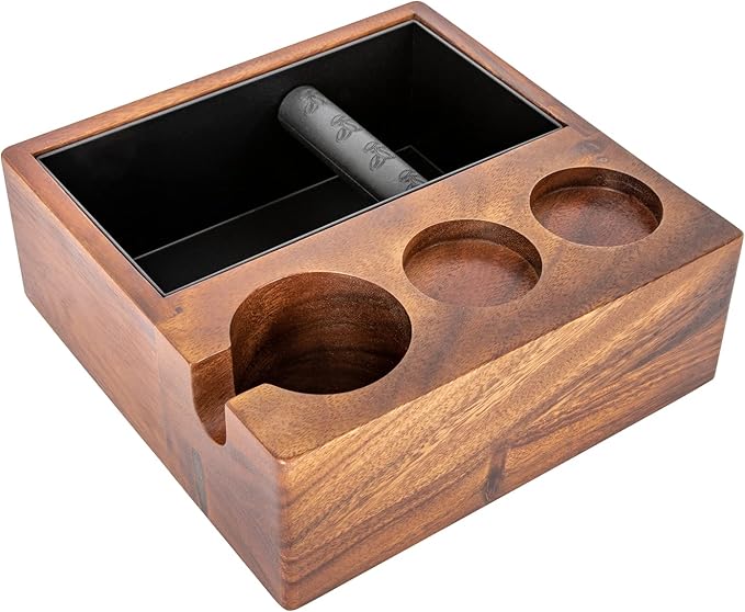 Gdrasuya10 58MM Espresso Knock Box and Tamping Station Coffee Milk Tea Machine Accessories Wooden Tool Stainless Steel Storage Boxs for 2.28" Tamper Distributor Portafilter